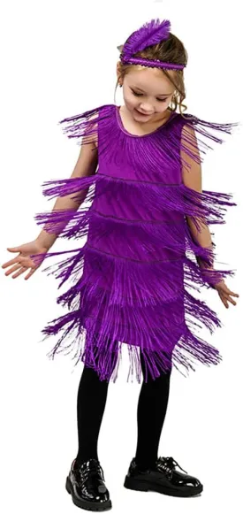20s Flapper Dresses for Girls Gatsby Tassel Fringe Dress with Feather Headband Kids 1920s Flapper Costume