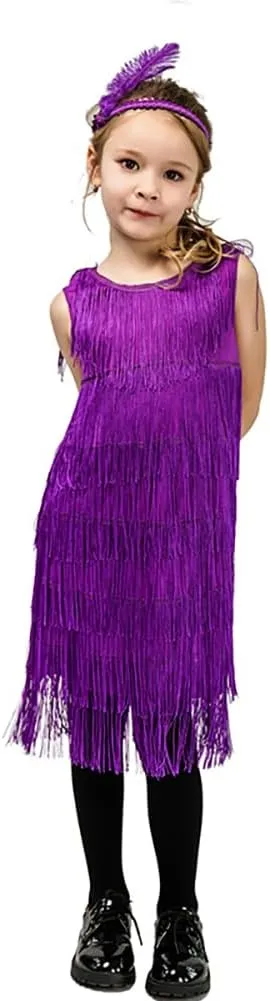 20s Flapper Dresses for Girls Gatsby Tassel Fringe Dress with Feather Headband Kids 1920s Flapper Costume