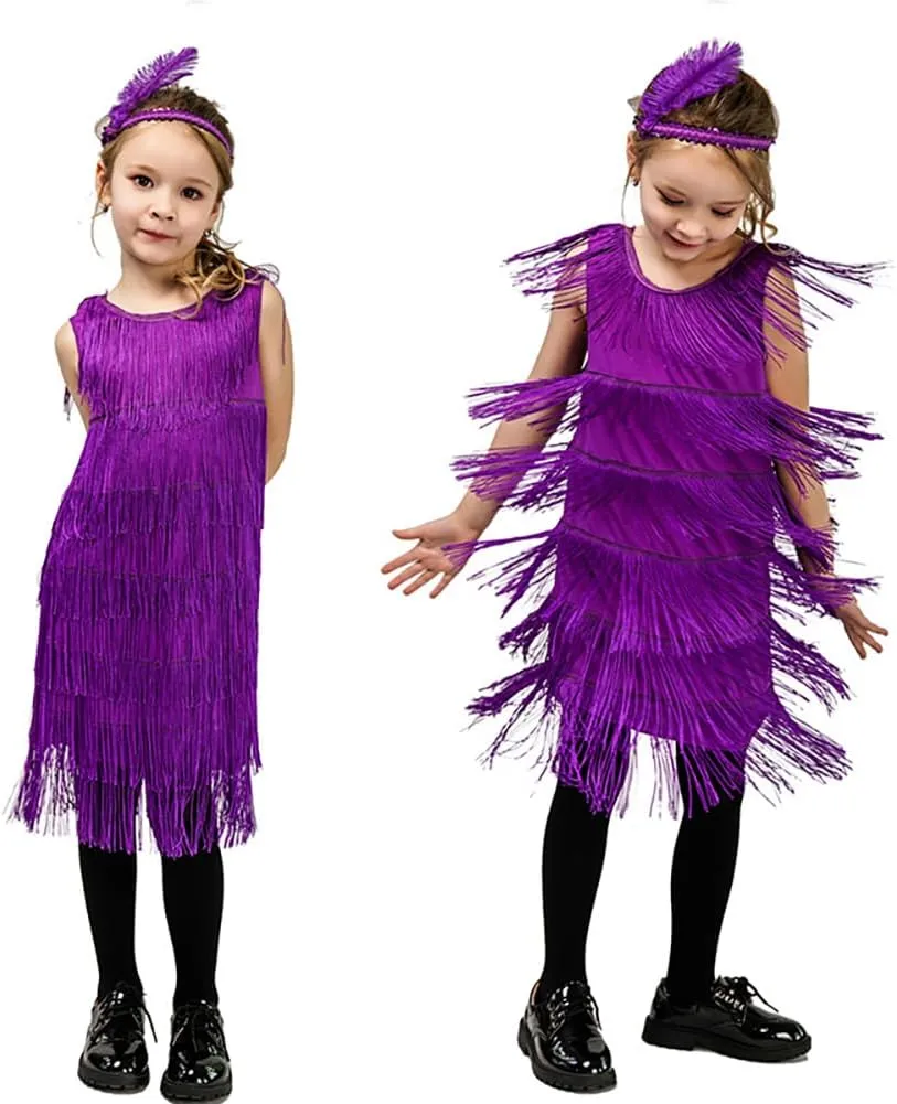 20s Flapper Dresses for Girls Gatsby Tassel Fringe Dress with Feather Headband Kids 1920s Flapper Costume