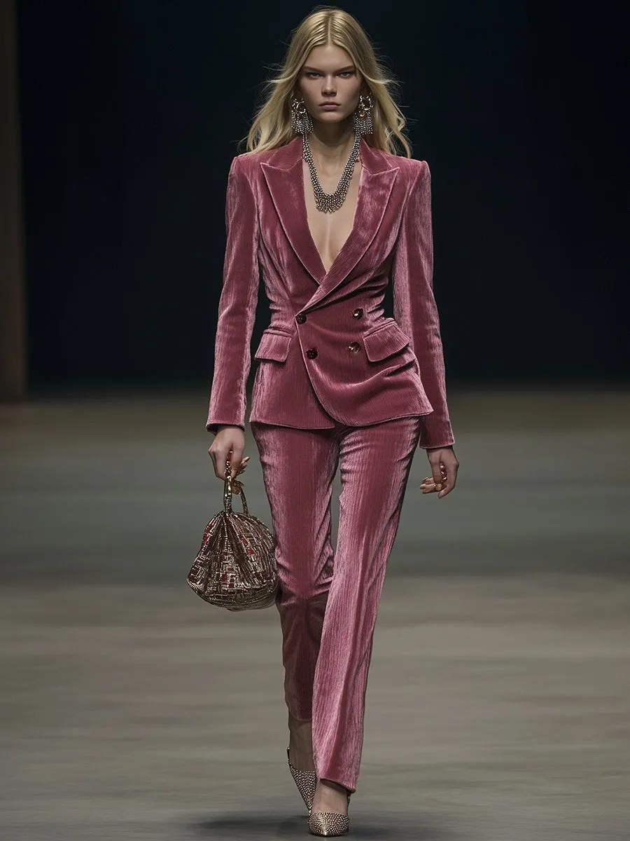 【24-hour shipping】Vintage Elegant Rose Pink Velvet Suit