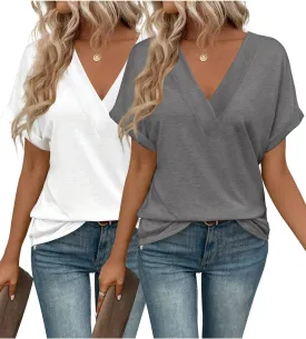 2PCS T Shirts Short Sleeve V Neck Tees Womens Fashion Tops Trendy Soft 2025 Casual Summer Spring Outfits Clothes