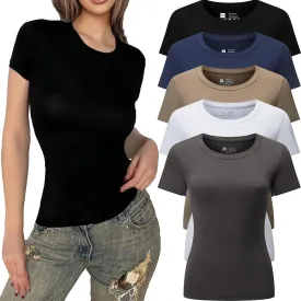5pcs Women's Short Sleeve Slim Fit Y2K T Shirt Crew Neck Bodycon Crop Tunics Going Out Tops