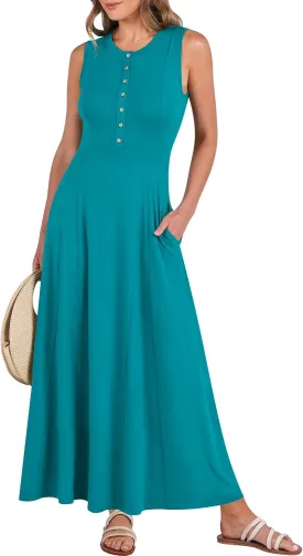 ANRABESS Women Summer Casual Sleeveless Maxi Sundress Button Fit & Flare A-Line Flowy Long Dresses 2025 Beach Outfits