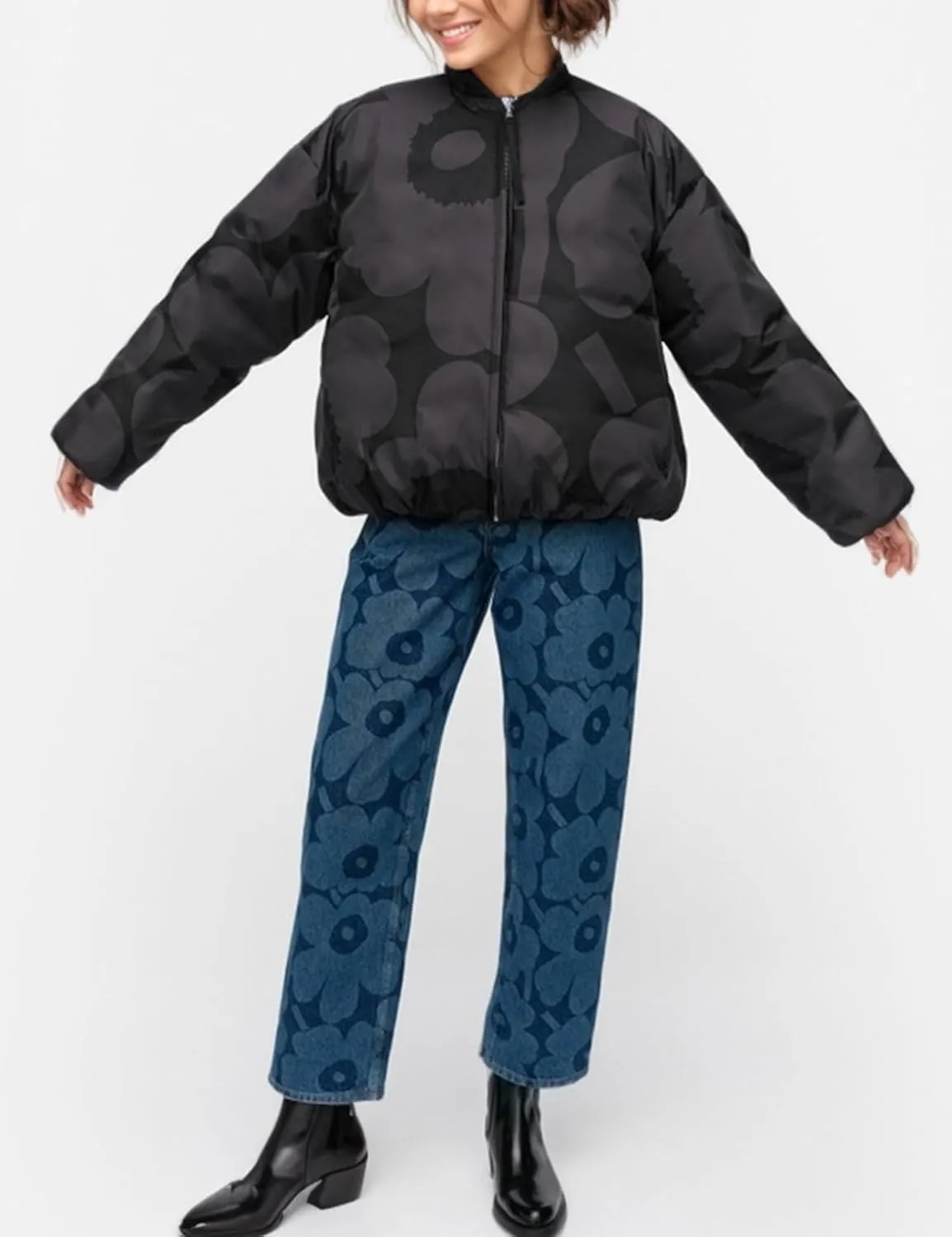 Arssm Women Cropped Puffer Jackets Floral Print Winter Quilted Coats Lightweight Pattern Puffy Padded Outerwear Coats