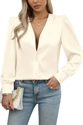 Blouses for Women Business Casual Tops Satin Silk V Neck Long Sleeve Button Down Shirts Work Blouses