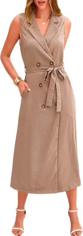 BTFBM Casual Business Dress 2024 Summer Work Office Lapel V Neck Slit Belted Sleeveless Button Down Dresses with Pockets