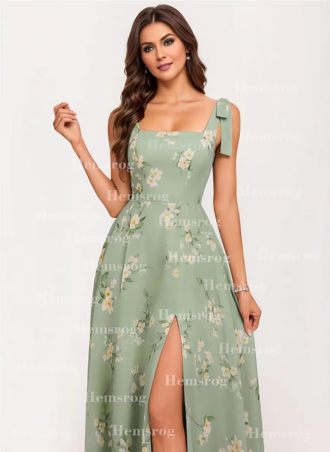 Chiffon Bridesmaid Dresses for Wedding Square Neck Prom Dresses with Bow A-Line Long Formal Dresses for Women with Slit