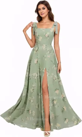 Chiffon Bridesmaid Dresses for Wedding Square Neck Prom Dresses with Bow A-Line Long Formal Dresses for Women with Slit