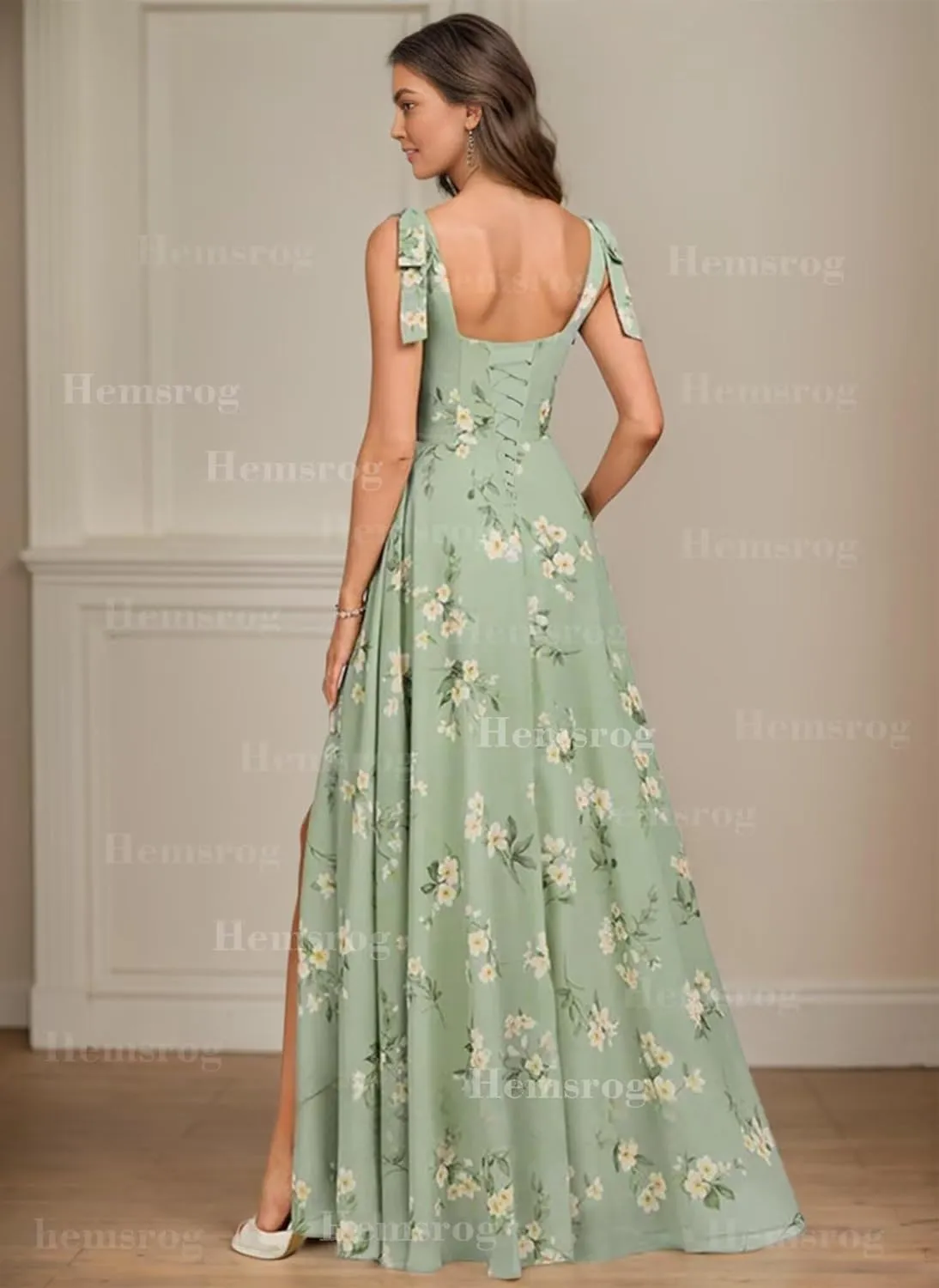 Chiffon Bridesmaid Dresses for Wedding Square Neck Prom Dresses with Bow A-Line Long Formal Dresses for Women with Slit