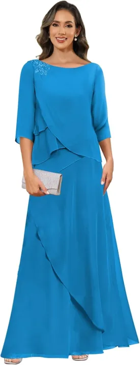 Chiffon Mother of The Bride Dresses for Women with Sleeves Lace Long Evening Gowns