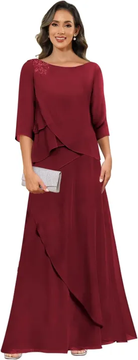 Chiffon Mother of The Bride Dresses for Women with Sleeves Lace Long Evening Gowns