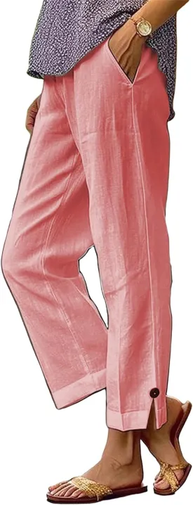 Cotton Linen Pants for Women Loose Fit High Waisted Elastic Drawstring Beach Pants Palazzo Trousers with Pockets