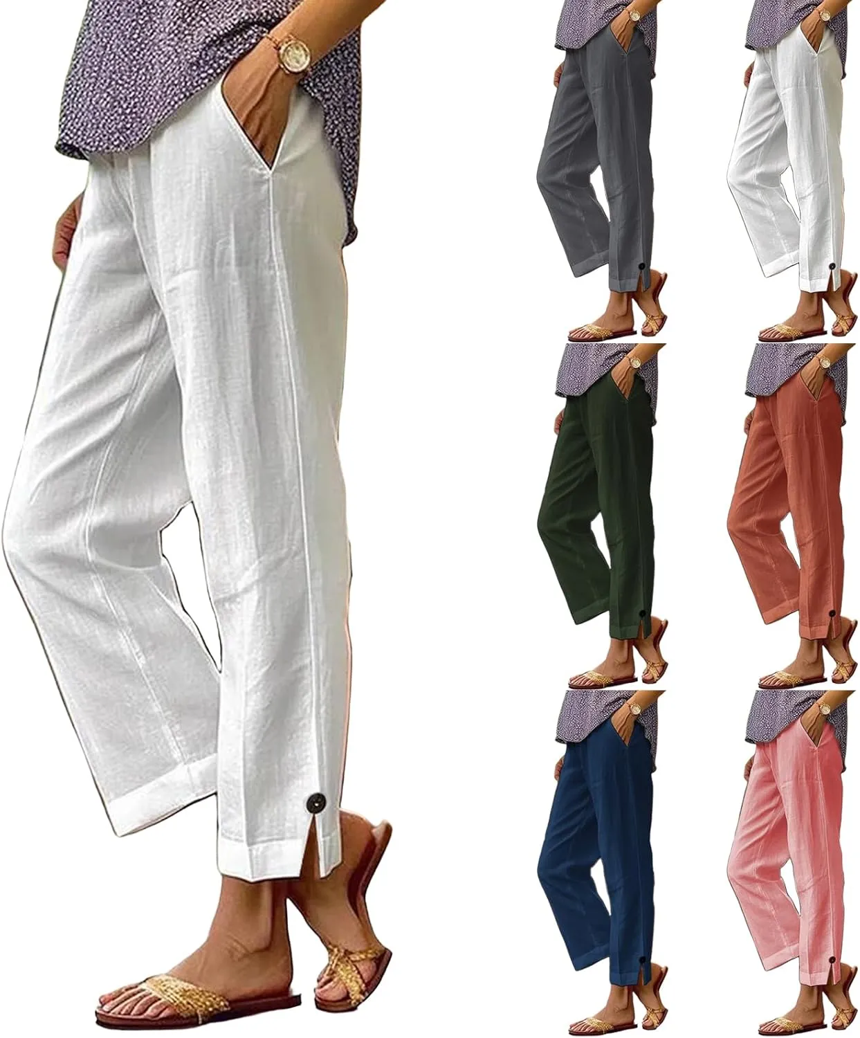 Cotton Linen Pants for Women Loose Fit High Waisted Elastic Drawstring Beach Pants Palazzo Trousers with Pockets