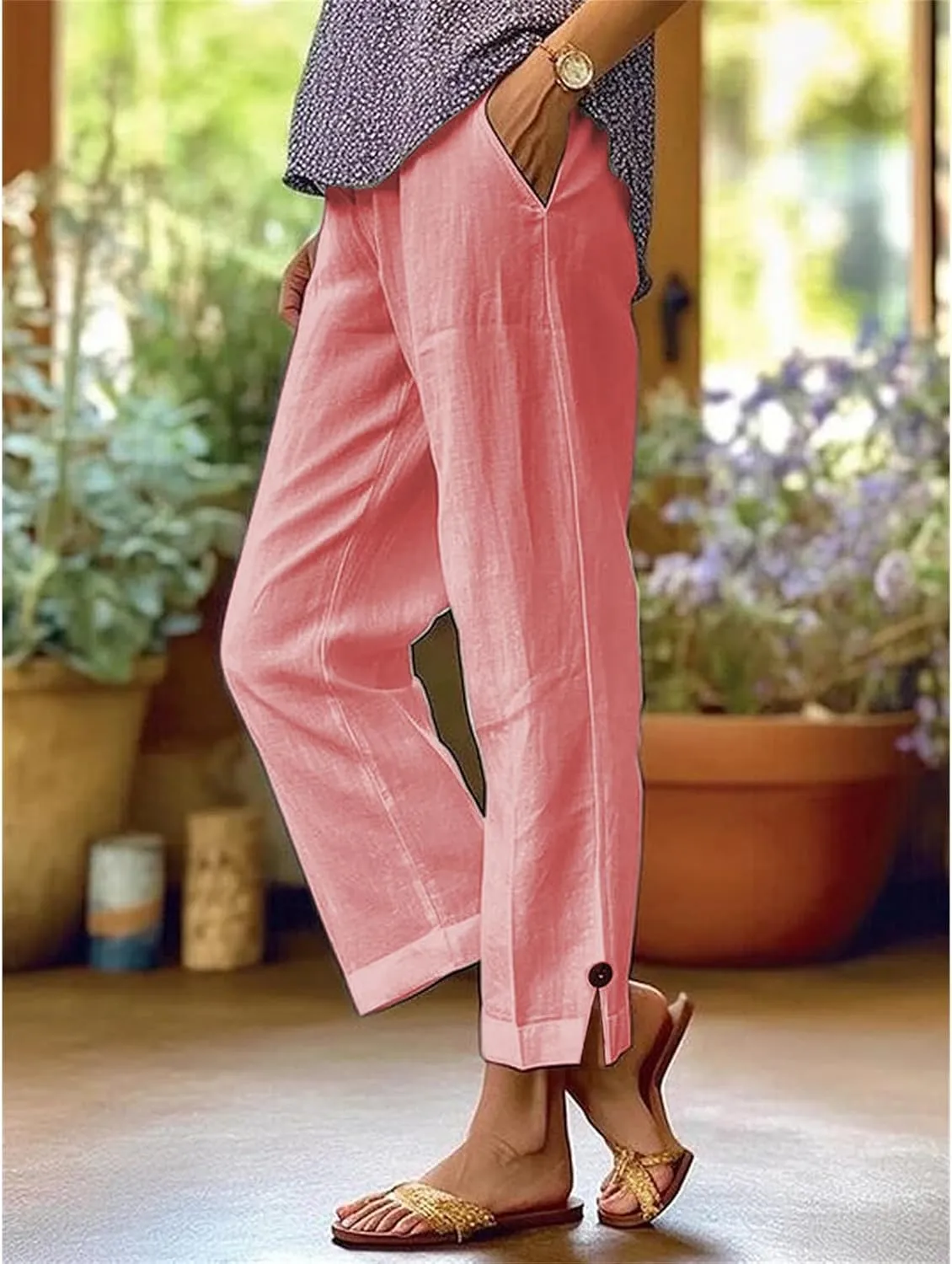Cotton Linen Pants for Women Loose Fit High Waisted Elastic Drawstring Beach Pants Palazzo Trousers with Pockets