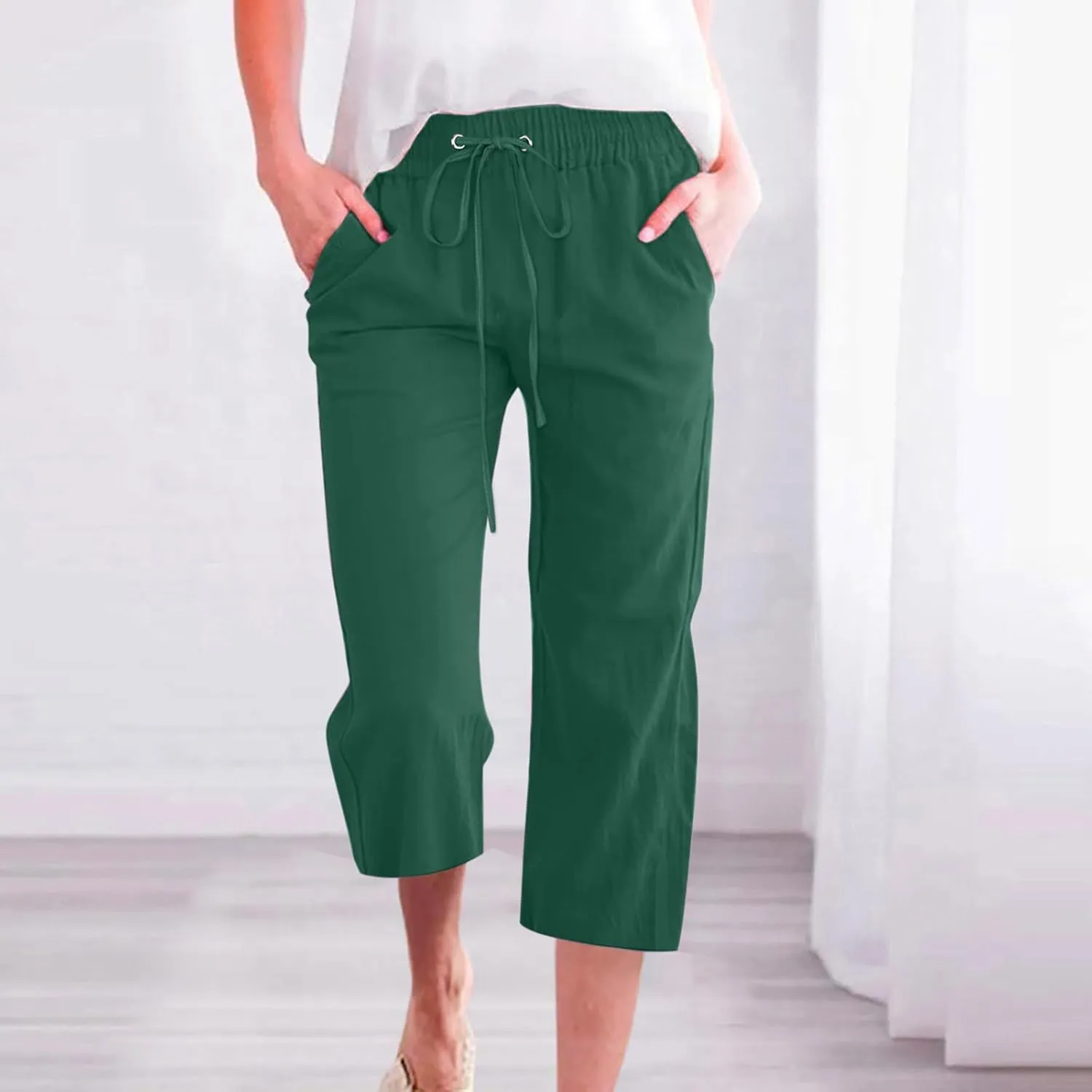 Cotton Linen Pants for Women Trendy 2024 High Waist Drawstring Cropped Pant Trousers Casual Summer Wide Leg Capris