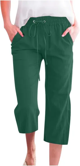 Cotton Linen Pants for Women Trendy 2024 High Waist Drawstring Cropped Pant Trousers Casual Summer Wide Leg Capris