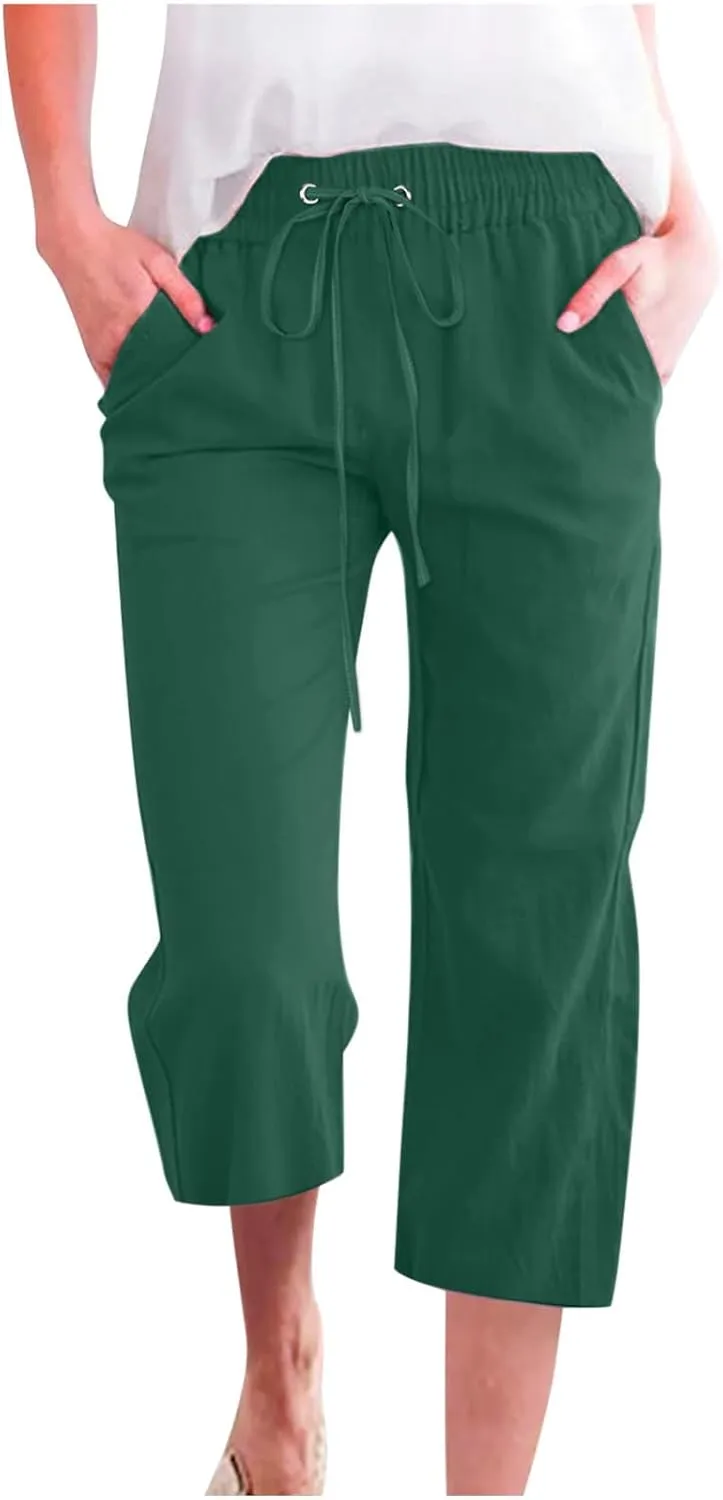 Cotton Linen Pants for Women Trendy 2024 High Waist Drawstring Cropped Pant Trousers Casual Summer Wide Leg Capris