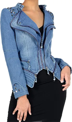 DGHM-JLMY Womens Rivet Faux Leather Jacket Shrug Stitching Dovetail Denim Jacket Zipper Moto Biker Denim Coat Outwear