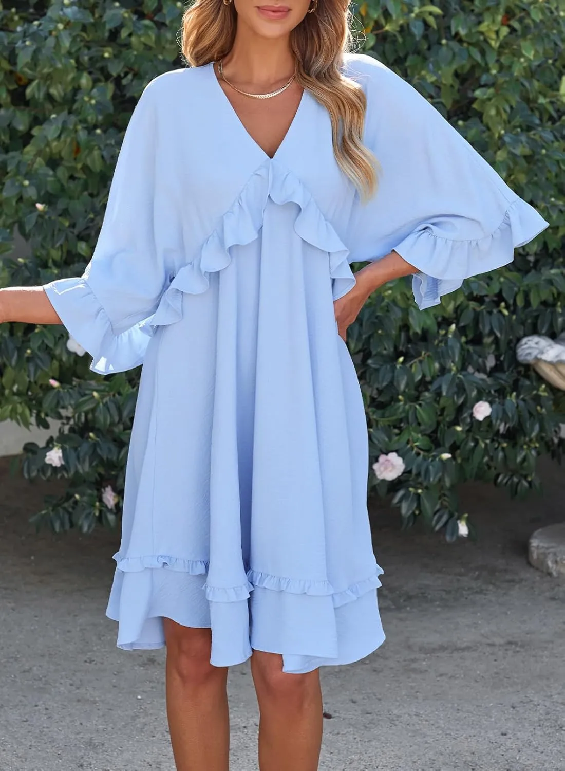 Dokotoo Womens 2024 Summer Ruffle Short Sleeve Sundress V Neck Tunic Dress Casual Loose Flowy Swing Shift Dress Mini Dress
