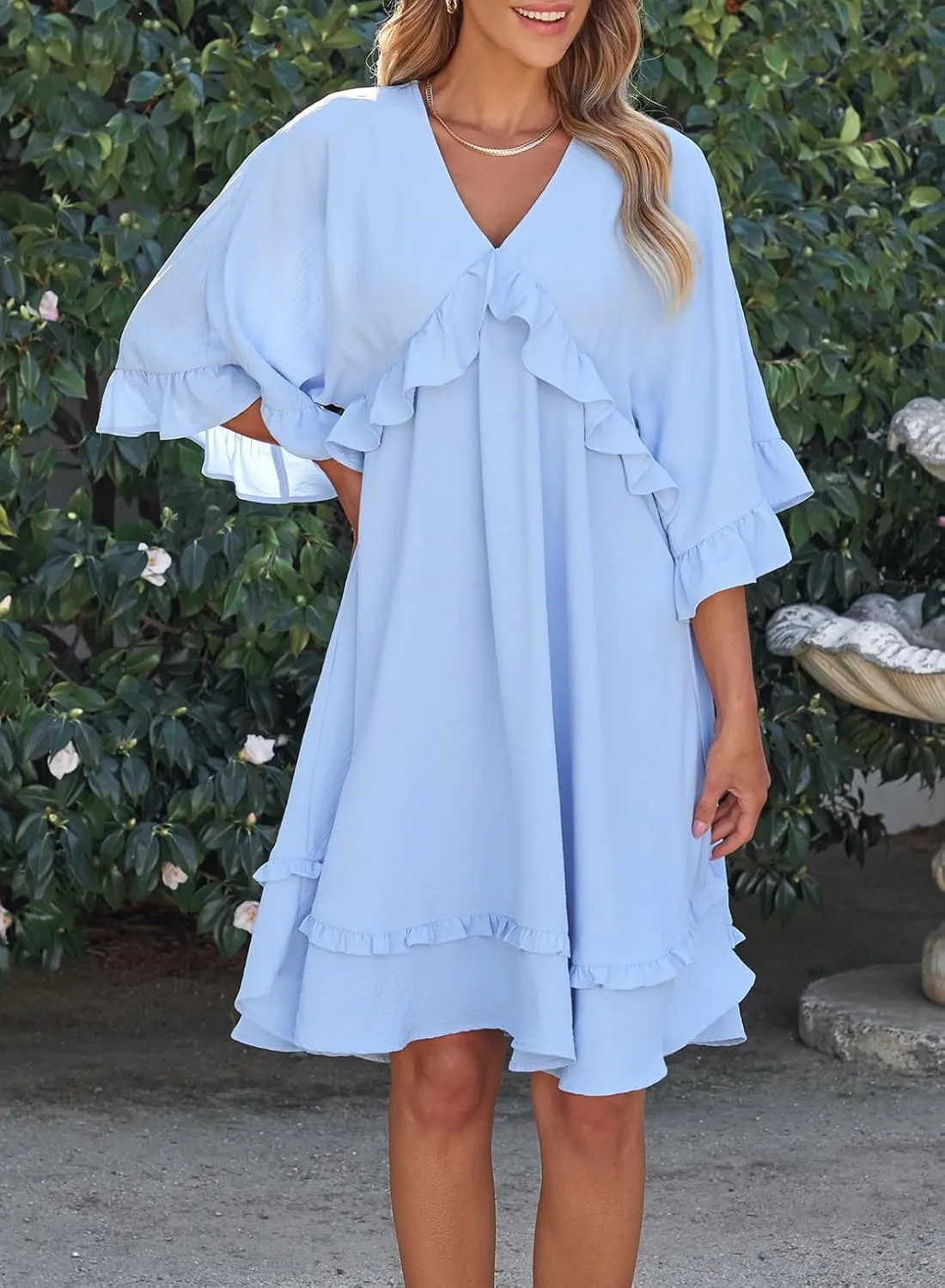 Dokotoo Womens 2024 Summer Ruffle Short Sleeve Sundress V Neck Tunic Dress Casual Loose Flowy Swing Shift Dress Mini Dress