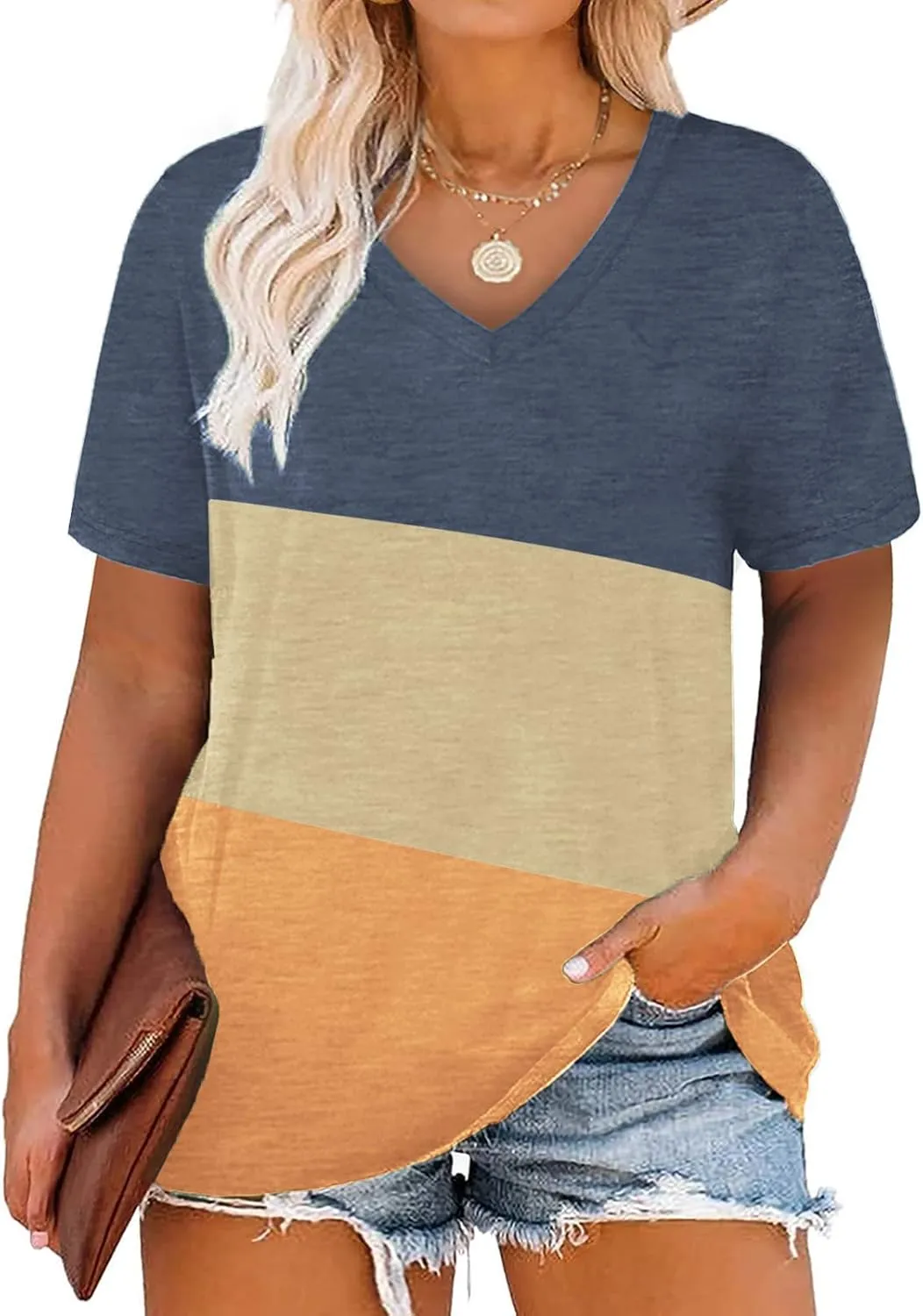 DOLNINE Plus-Size Tops for Women V Neck T Shirts Summer Tunics with Pocket