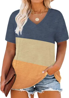 DOLNINE Plus-Size Tops for Women V Neck T Shirts Summer Tunics with Pocket