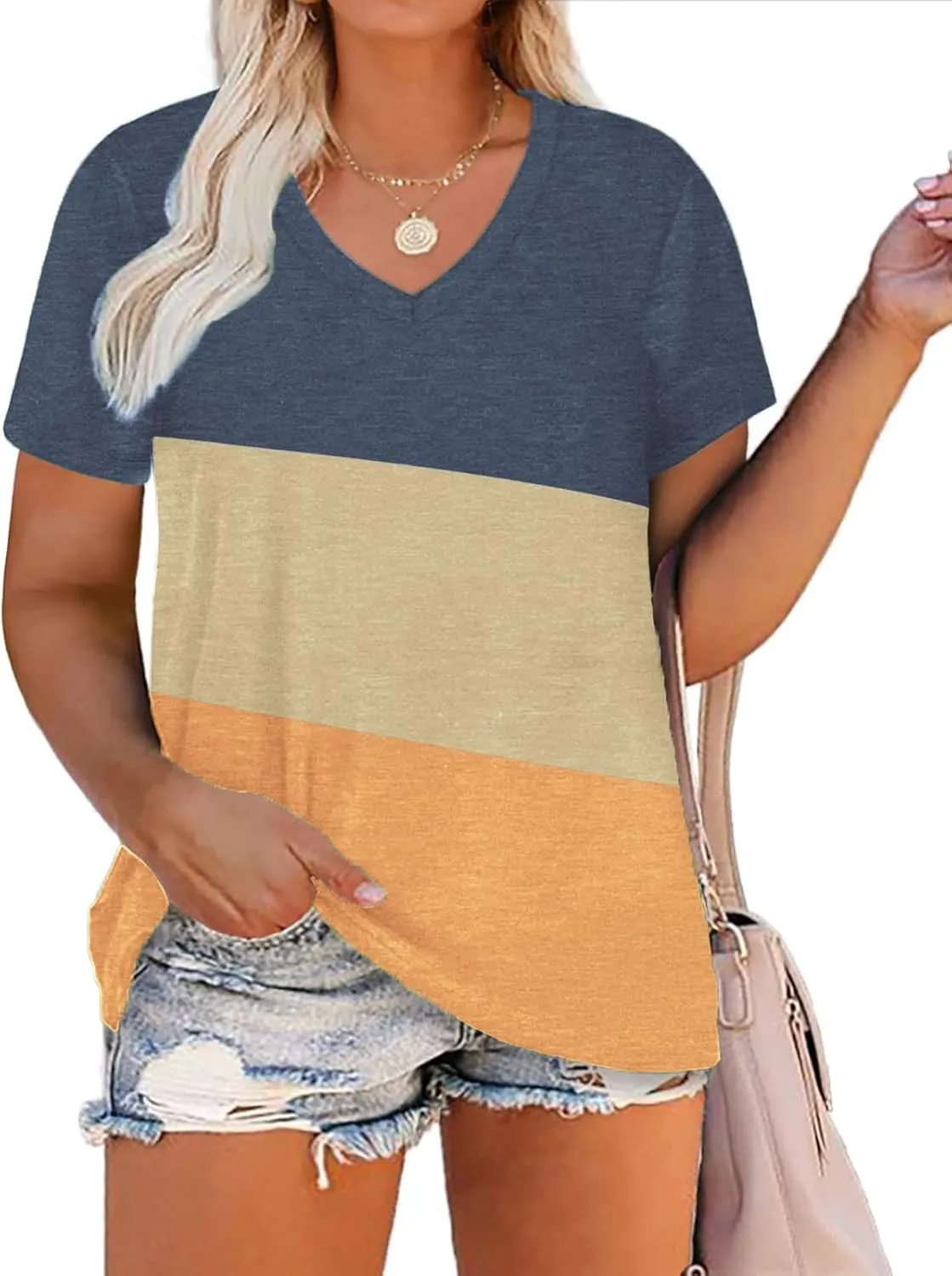 DOLNINE Plus-Size Tops for Women V Neck T Shirts Summer Tunics with Pocket