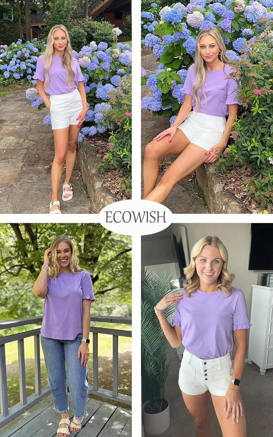 ECOWISH Womens Casual Ruffle Tops: Short Sleeve Summer Blouses Soild Crewneck Tunics Shirts