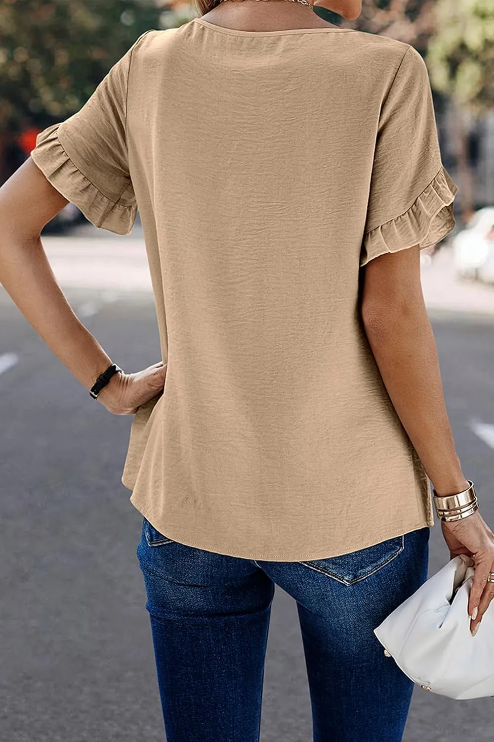ECOWISH Womens Casual Ruffle Tops: Short Sleeve Summer Blouses Soild Crewneck Tunics Shirts