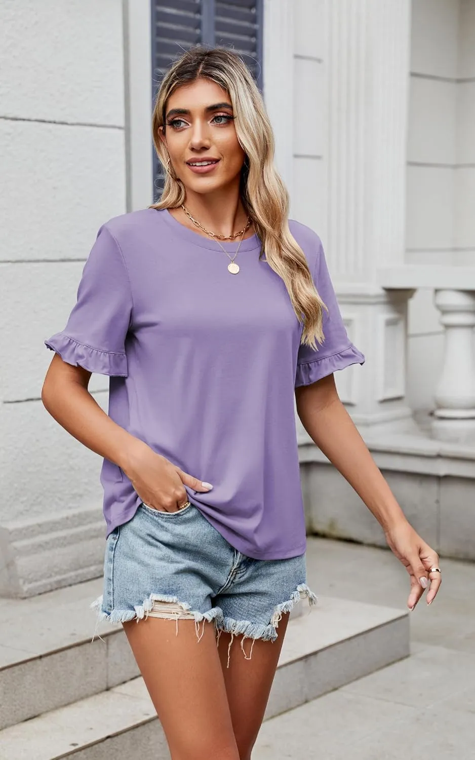 ECOWISH Womens Casual Ruffle Tops: Short Sleeve Summer Blouses Soild Crewneck Tunics Shirts