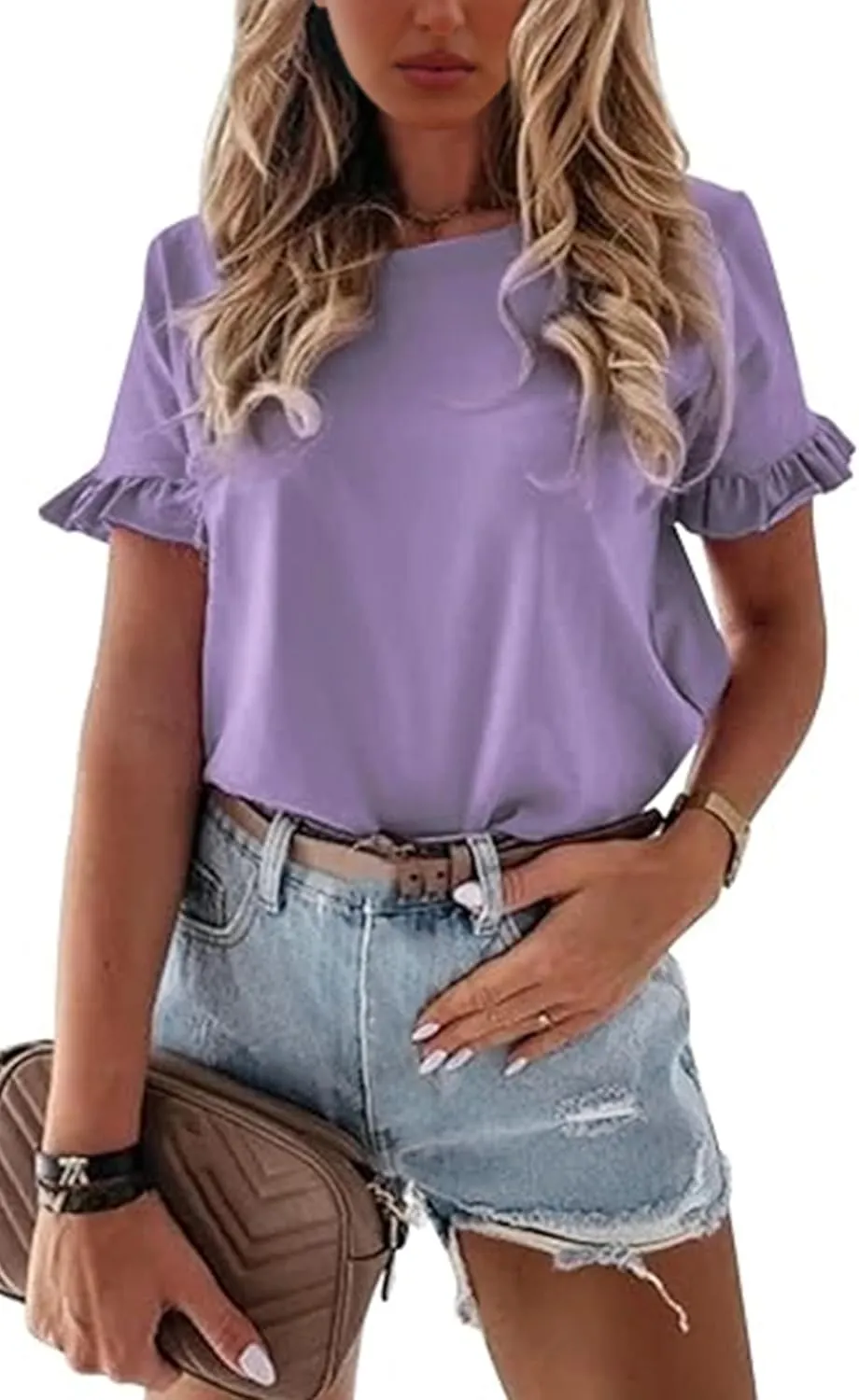 ECOWISH Womens Casual Ruffle Tops: Short Sleeve Summer Blouses Soild Crewneck Tunics Shirts