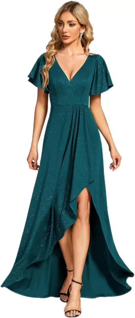 Ever-Pretty Women's Glitter High Low Ruffled Hem V-Neck Formal Dress with Sleeves 01738