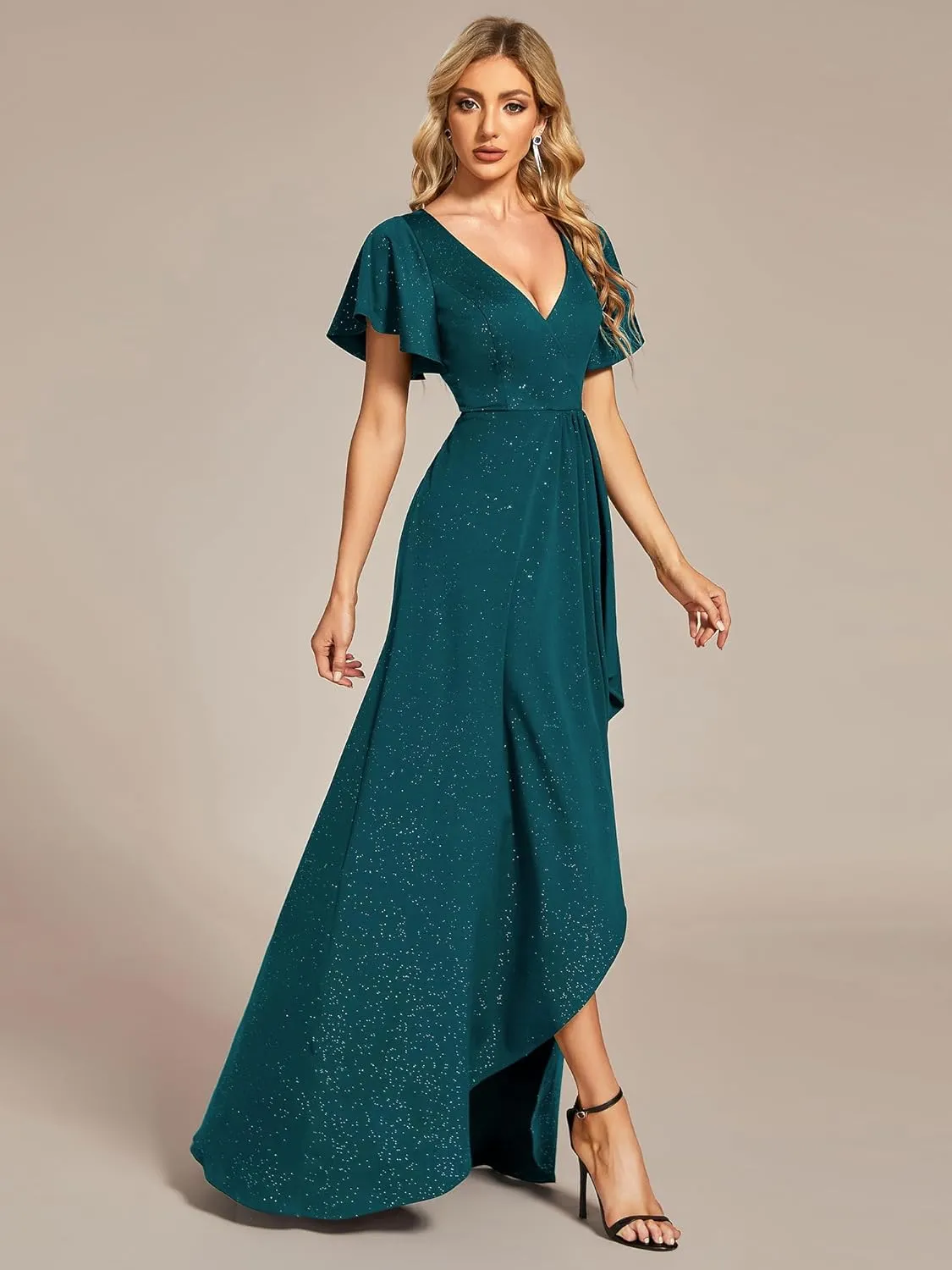 Ever-Pretty Women's Glitter High Low Ruffled Hem V-Neck Formal Dress with Sleeves 01738