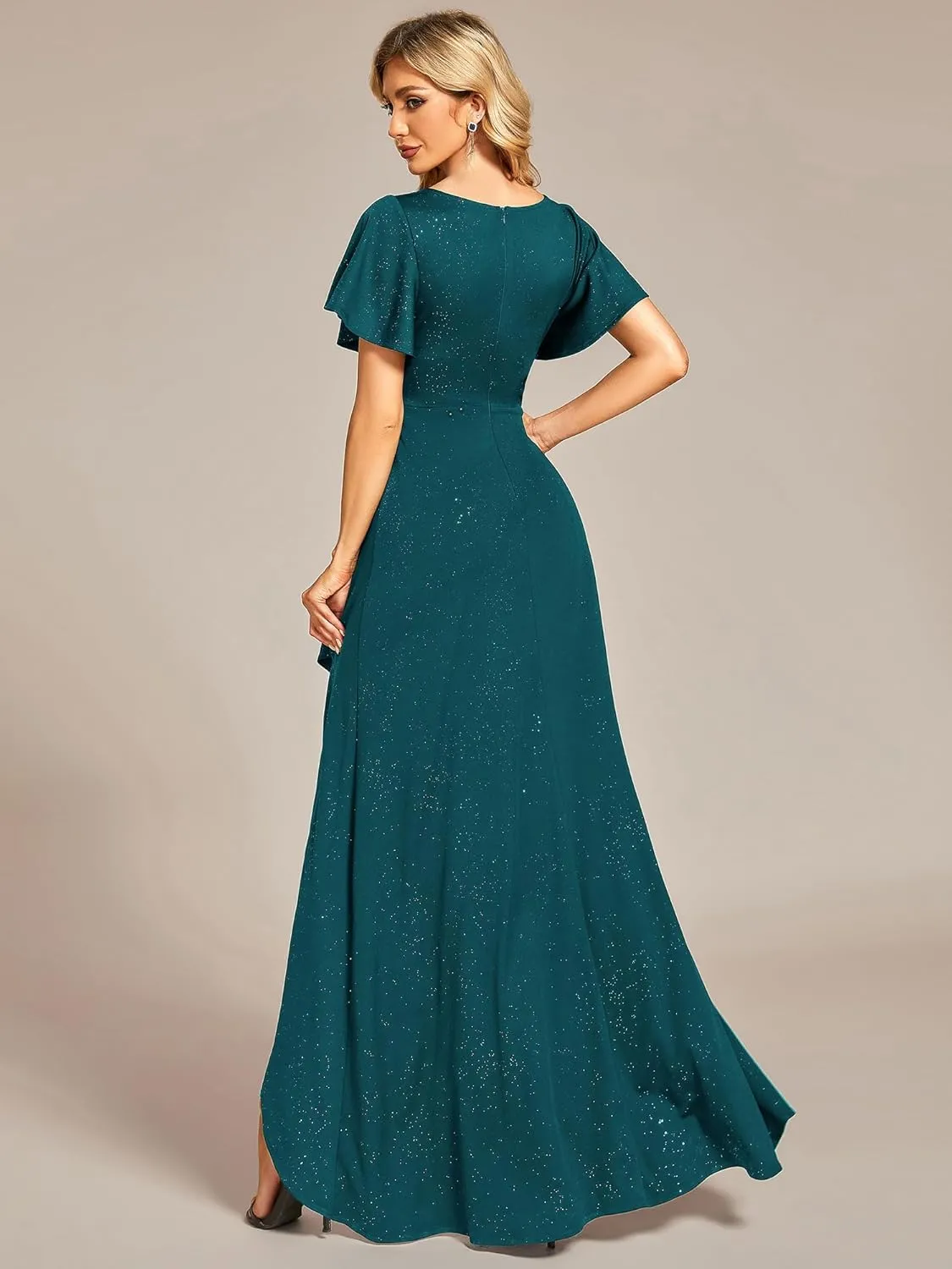 Ever-Pretty Women's Glitter High Low Ruffled Hem V-Neck Formal Dress with Sleeves 01738