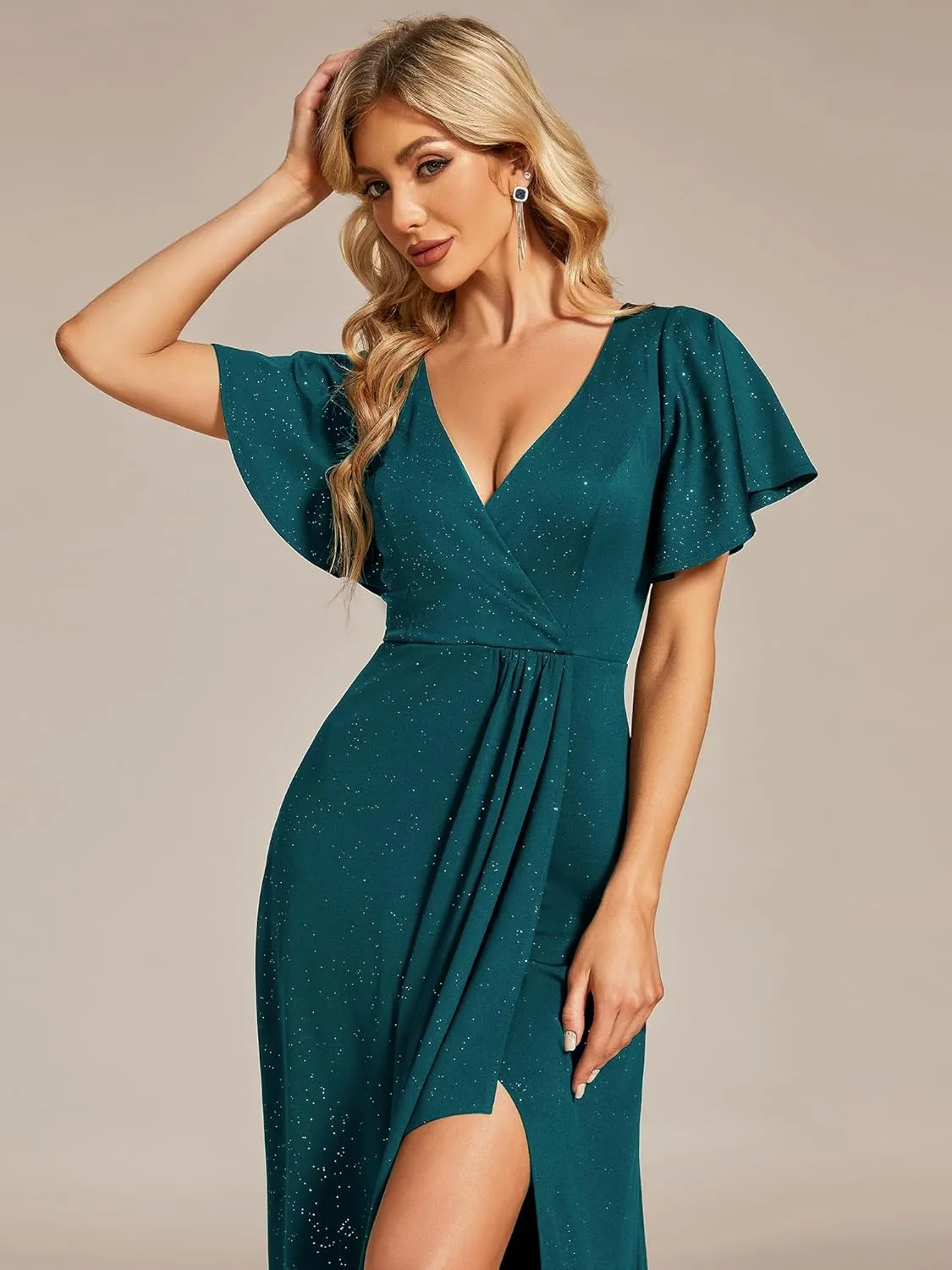 Ever-Pretty Women's Glitter High Low Ruffled Hem V-Neck Formal Dress with Sleeves 01738