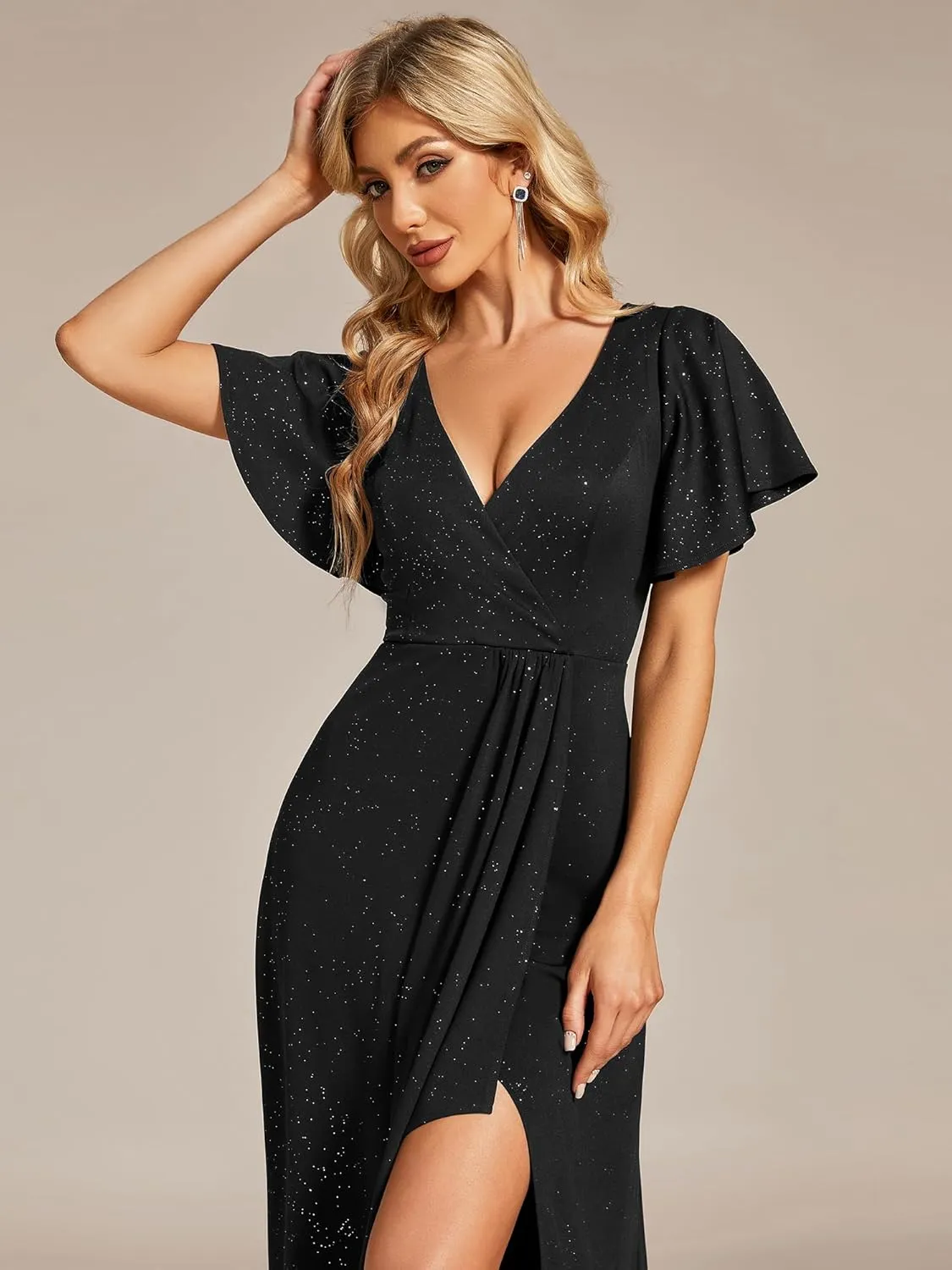 Ever-Pretty Women's Glitter High Low Ruffled Hem V-Neck Formal Dress with Sleeves 01738