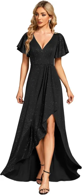 Ever-Pretty Women's Glitter High Low Ruffled Hem V-Neck Formal Dress with Sleeves 01738