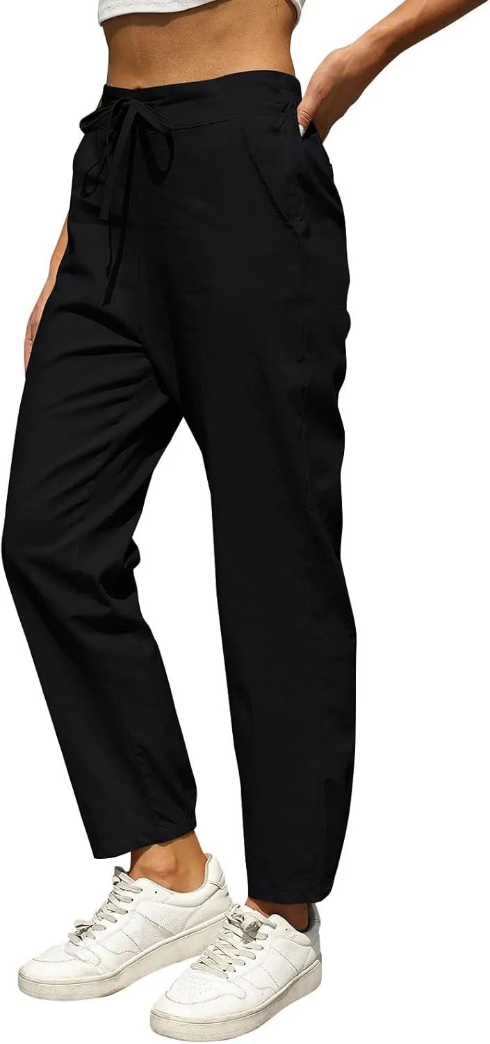 fanmpghleoo Tapered Linen Pants Women Summer Drawstring Back Elastic Waist Pants Soft Crop Straight Leg Trousers with Pockets