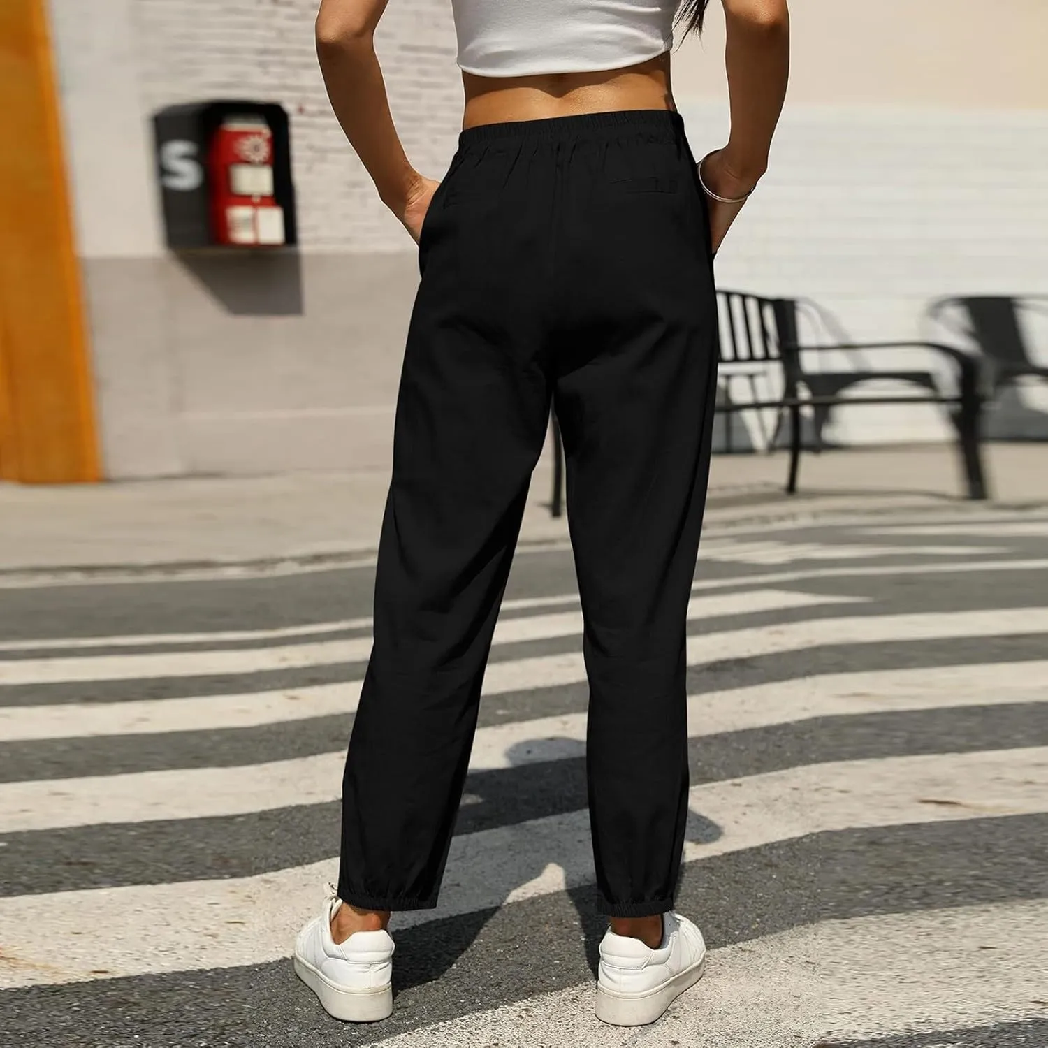 fanmpghleoo Tapered Linen Pants Women Summer Drawstring Back Elastic Waist Pants Soft Crop Straight Leg Trousers with Pockets