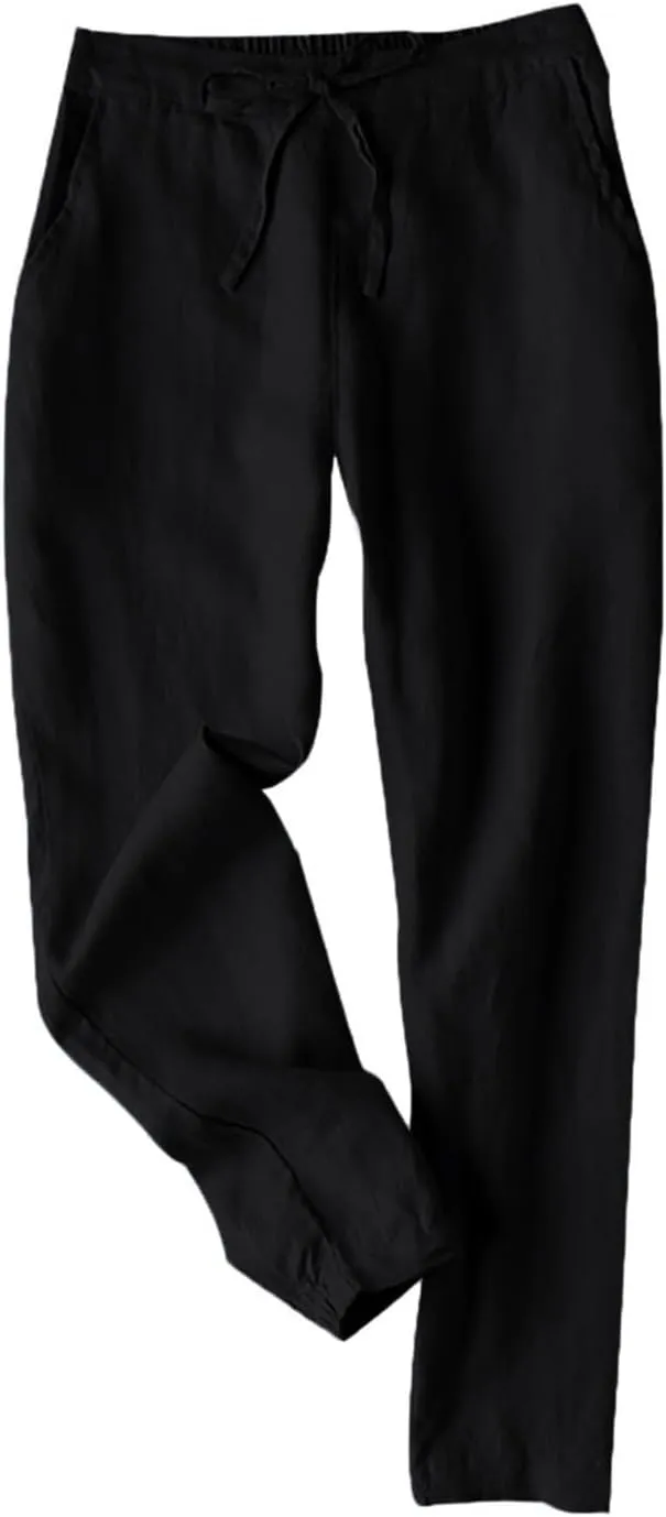 fanmpghleoo Tapered Linen Pants Women Summer Drawstring Back Elastic Waist Pants Soft Crop Straight Leg Trousers with Pockets