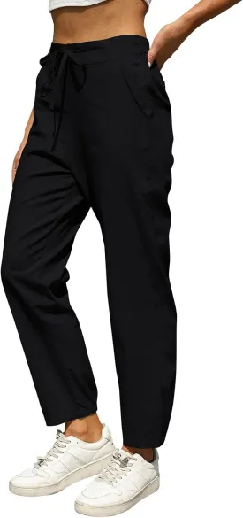 fanmpghleoo Tapered Linen Pants Women Summer Drawstring Back Elastic Waist Pants Soft Crop Straight Leg Trousers with Pockets