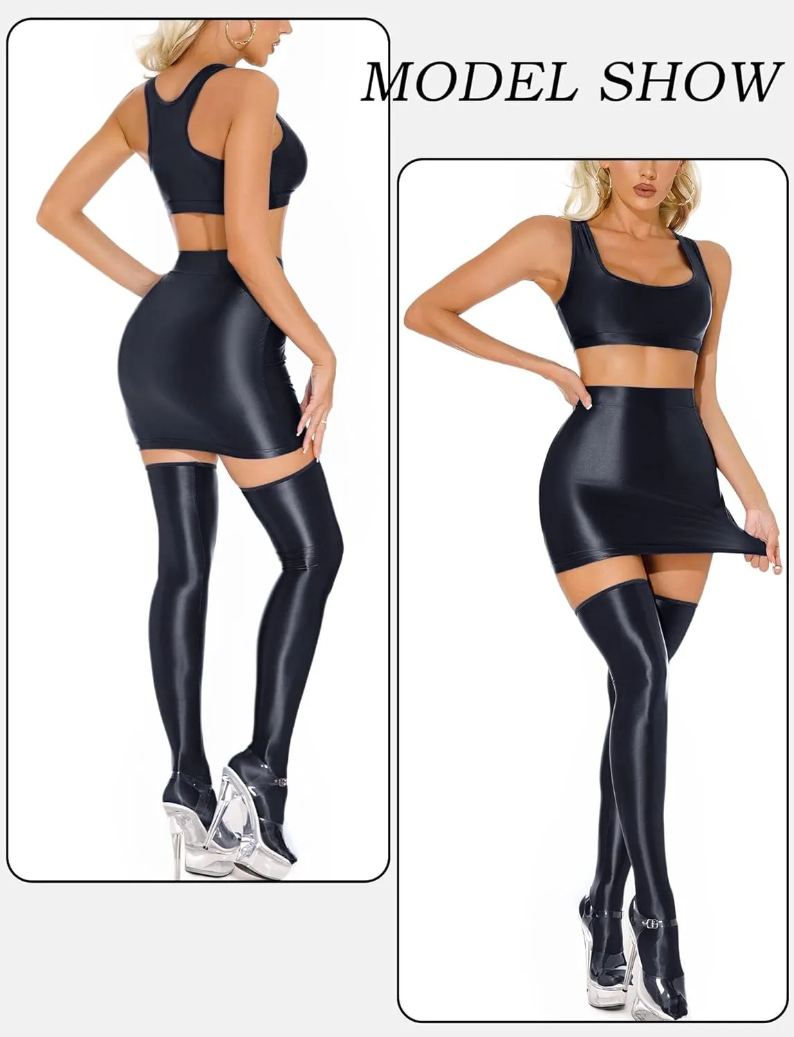 FEOYA Women??s Oil Shiny Bodycon Skirts Silky Smooth Pencil Mini Skirts Sexy Glossy Hot Skirts Club Party