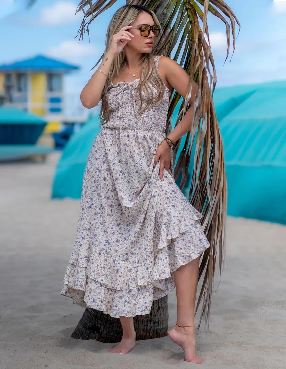 GRACE KARIN Women's 2025 Summer Floral Boho Dress Square Neck Strapped Swing A Line Sundress Beach Long Maxi Outfits