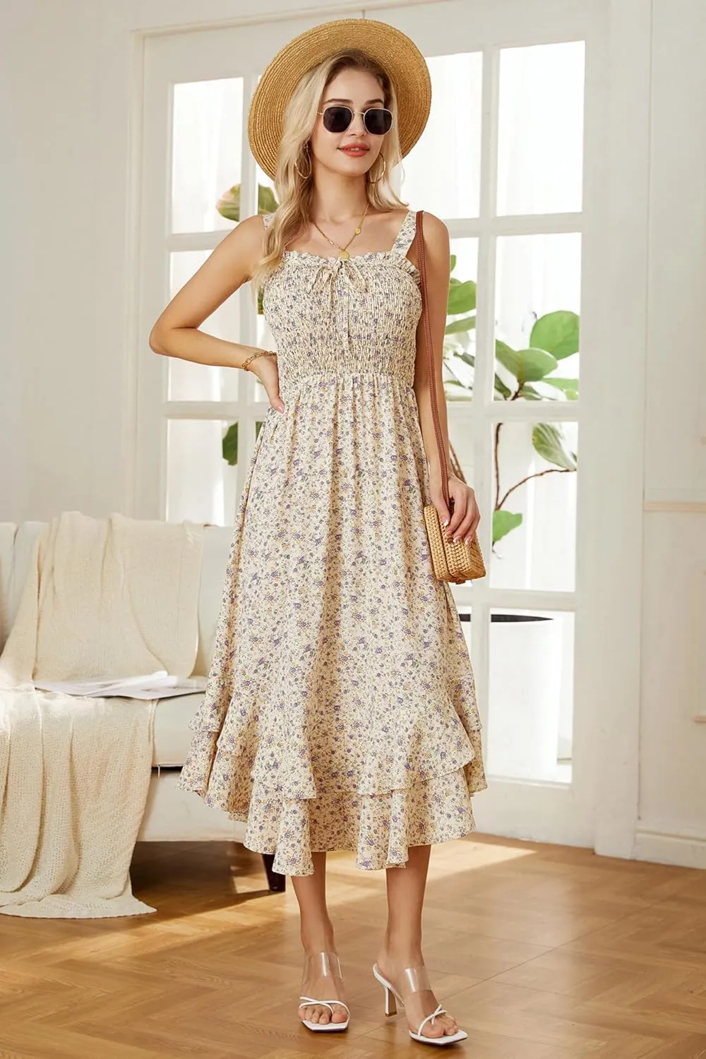 GRACE KARIN Women's 2025 Summer Floral Boho Dress Square Neck Strapped Swing A Line Sundress Beach Long Maxi Outfits