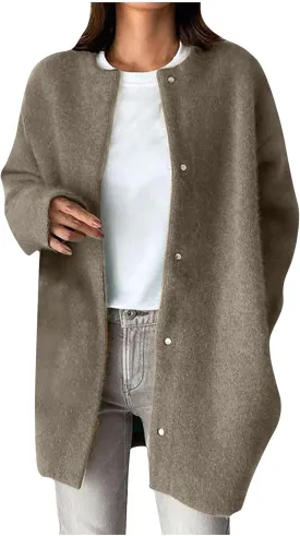 HGps8w Business Casual Wool Blend Pea Coats for Women Elegant Collarless Trench Coat Open Front Winter Overcoat Outerwear