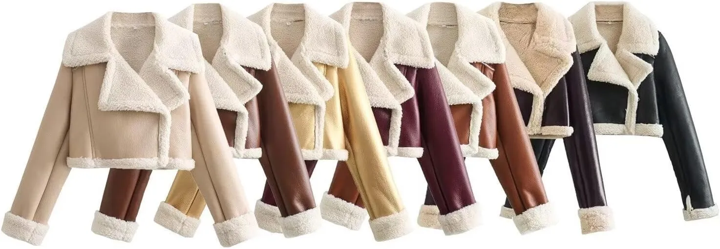 KELYWELL Women's Faux Leather Shearing Cropped Jackets Thick Lined Parka Winter Shearling Coats Faux Fur Moto Jacket