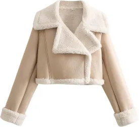 KELYWELL Women's Faux Leather Shearing Cropped Jackets Thick Lined Parka Winter Shearling Coats Faux Fur Moto Jacket
