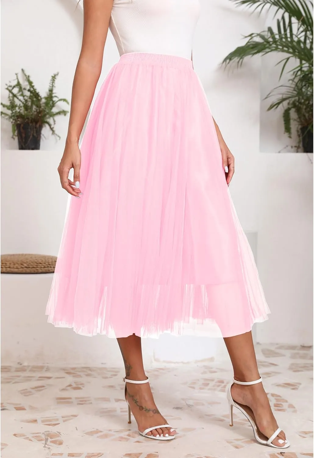 Kingfancy Women's Winter Skirts 2 Layered Tulle Tiered Long Skirts Elastic Waist A-Line Midi Skirts