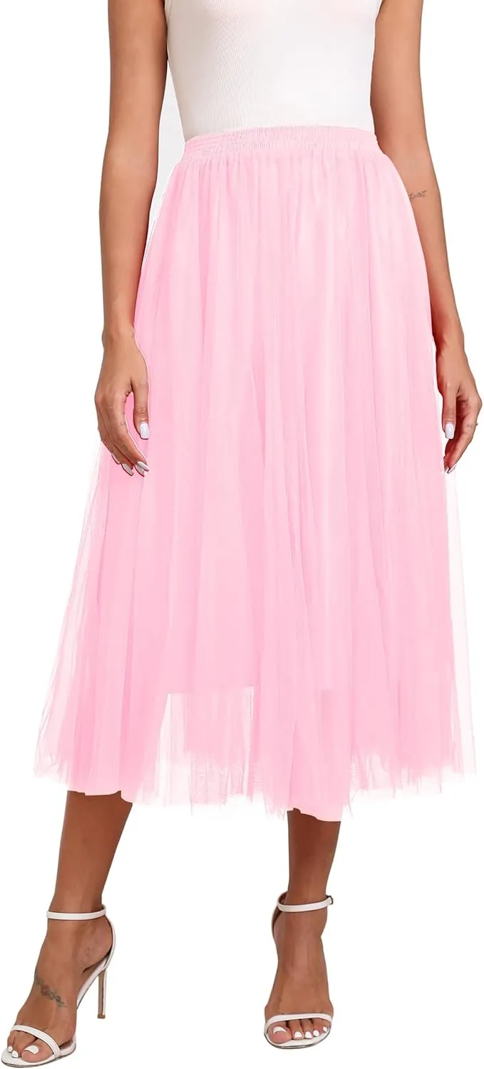 Kingfancy Women's Winter Skirts 2 Layered Tulle Tiered Long Skirts Elastic Waist A-Line Midi Skirts