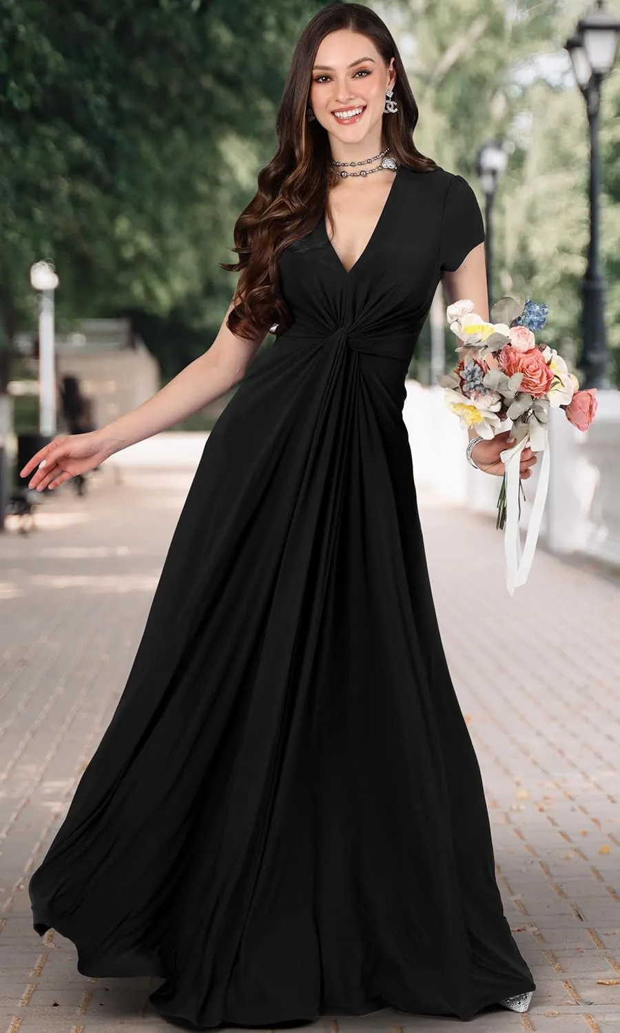 KOH KOH Womens 2025 Long Flowy Cap Sleeve Empire Waist Cocktail Maxi Dress Gown